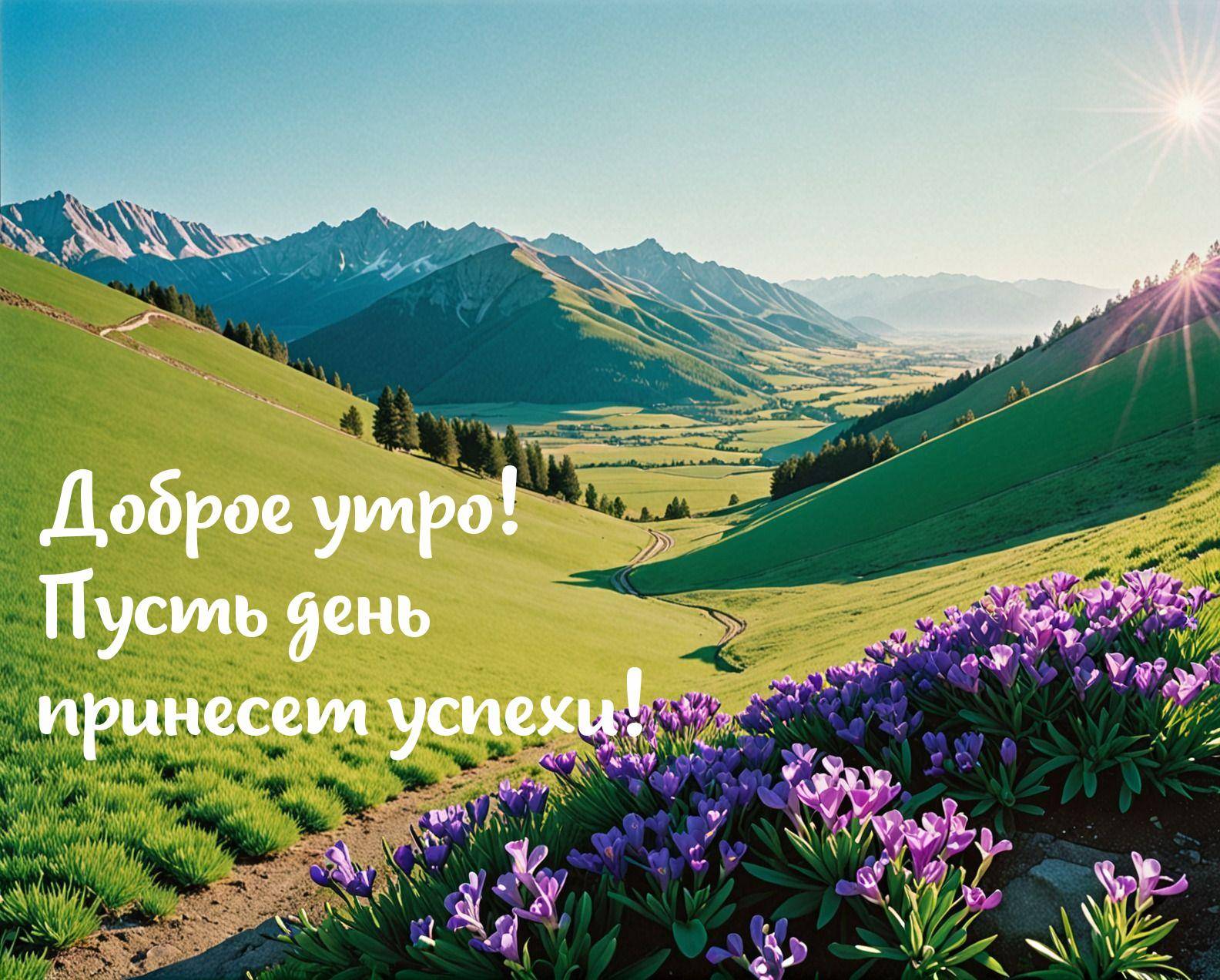 Утро, красивый горный ландшафт с зелеными лугами и цветами