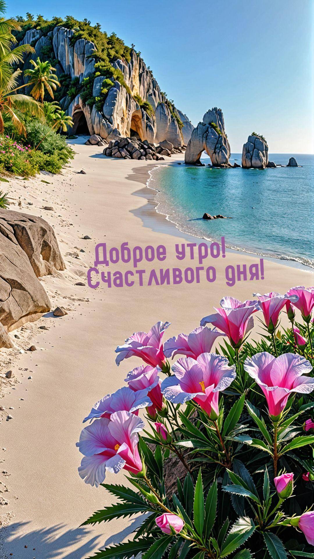 Утро, красивый пляж с белым песком и голубой водой
