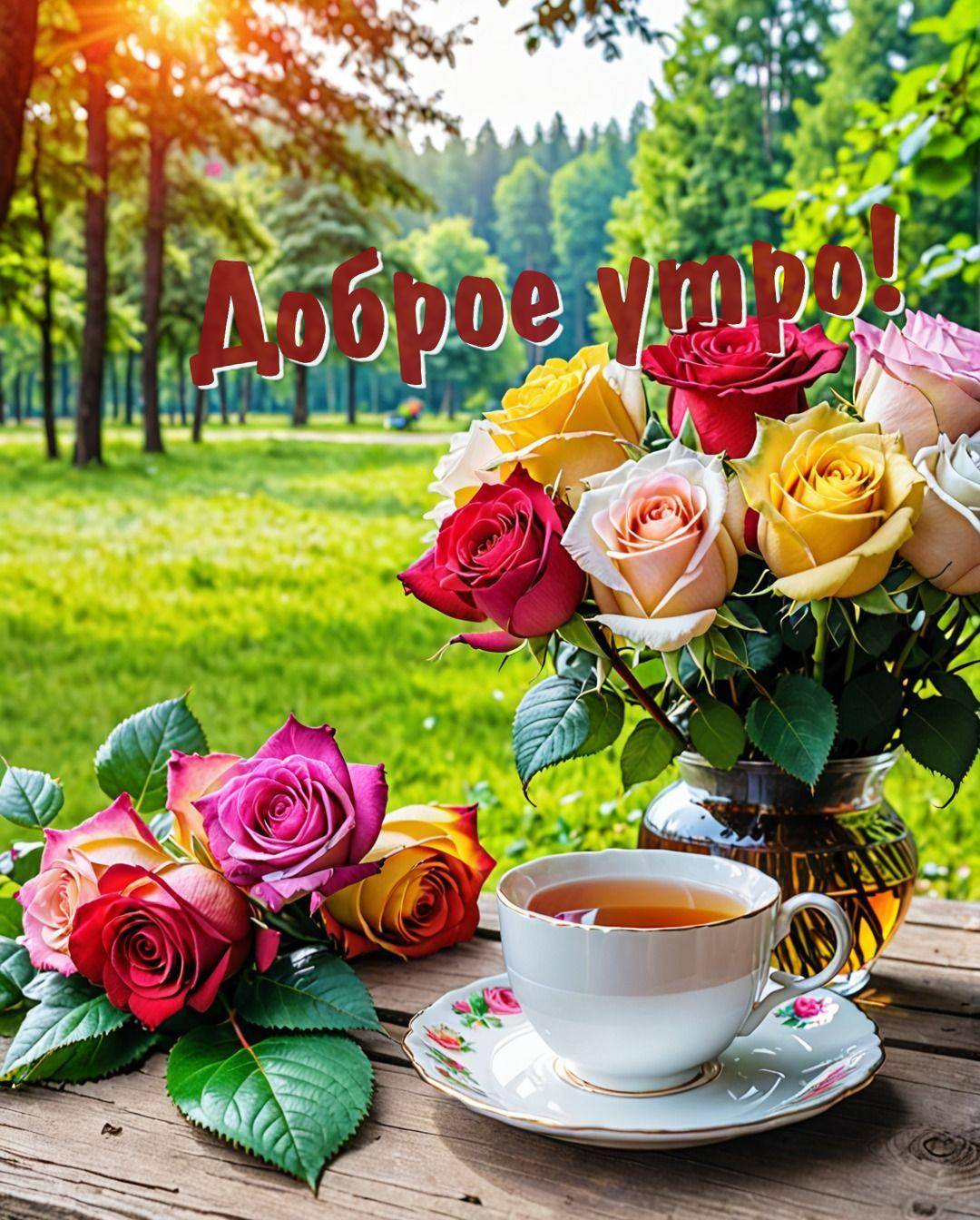Утро, красивое летнее утро в парке с чаем и розами