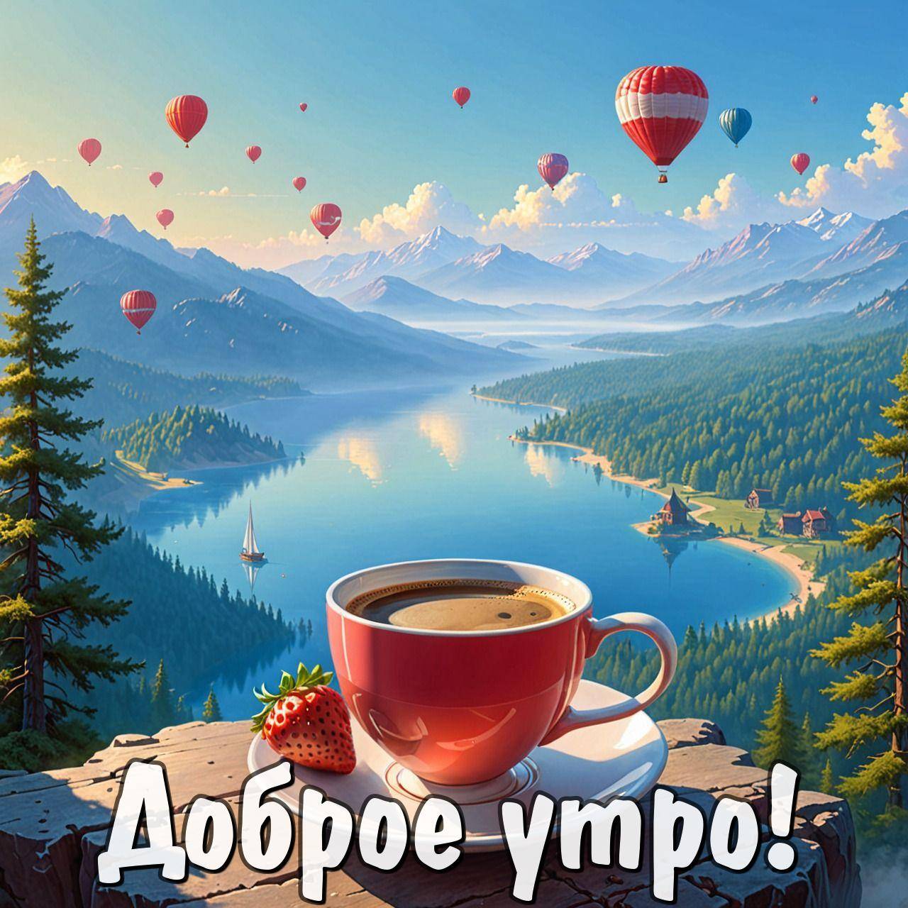 Утро, красная чашка с кофе, клубника и пейзаж
