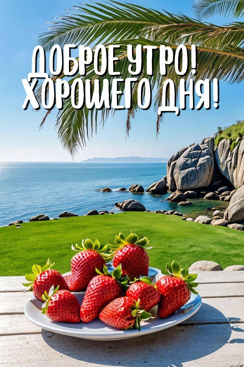 Утро, красный клубника на деревянном столе с видом на море