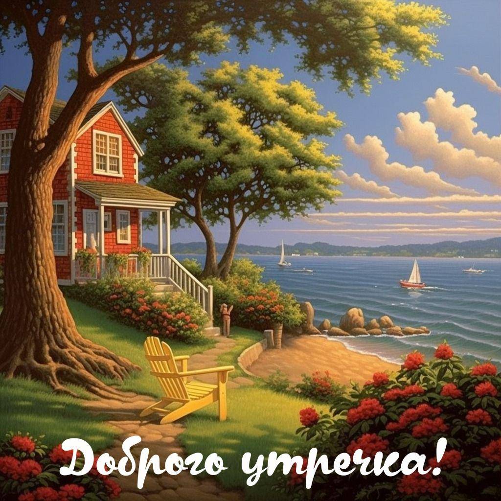 Утро, красочный пейзаж с домом и лодками