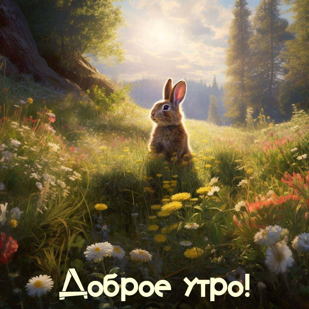 Утро, кролик на цветочном лугу