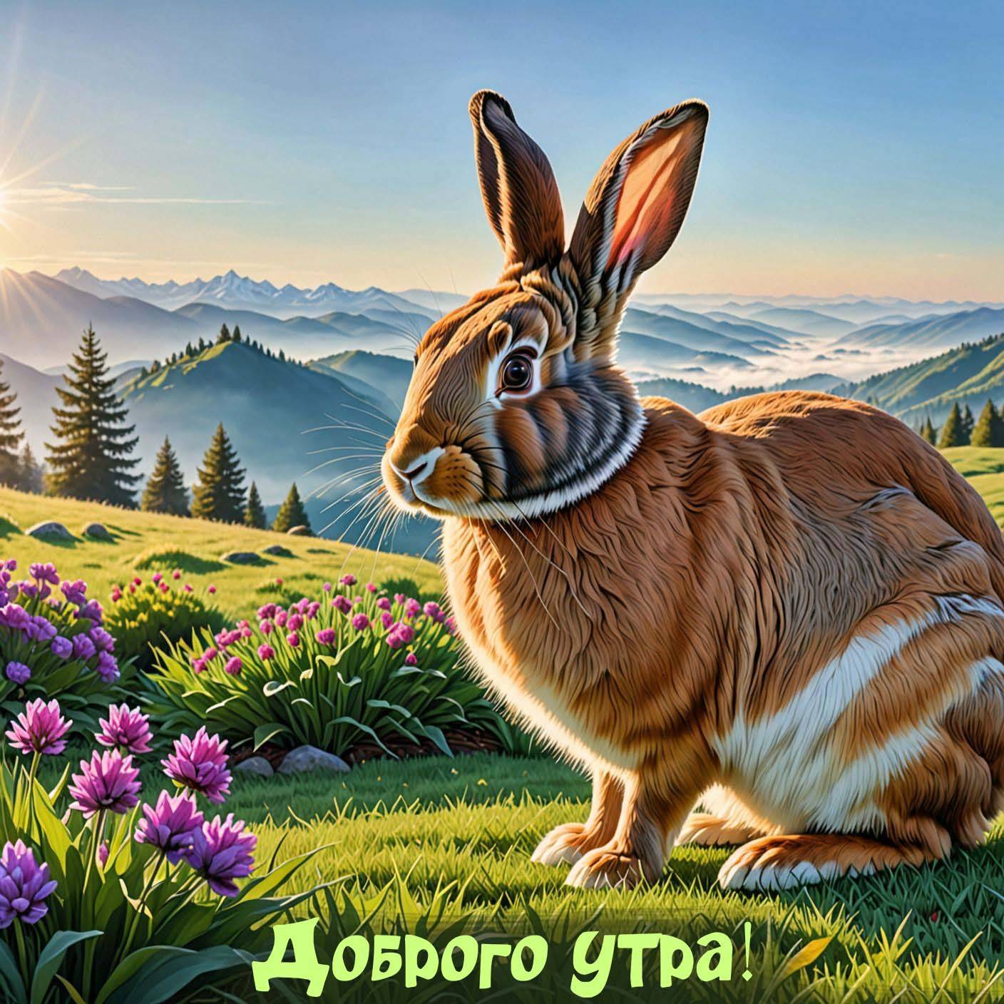 Утро, кролик на зелёной траве среди фиолетовых цветов