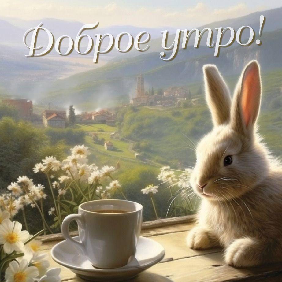 Утро, кролик рядом с чашкой кофе