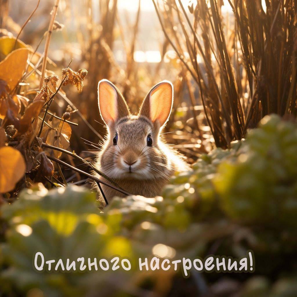 Утро, кролик среди травы и растений на солнце