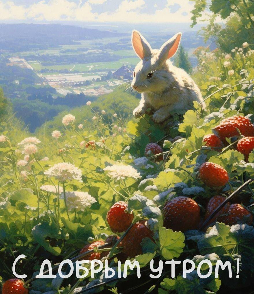 Утро, кролик среди зелени и клубники