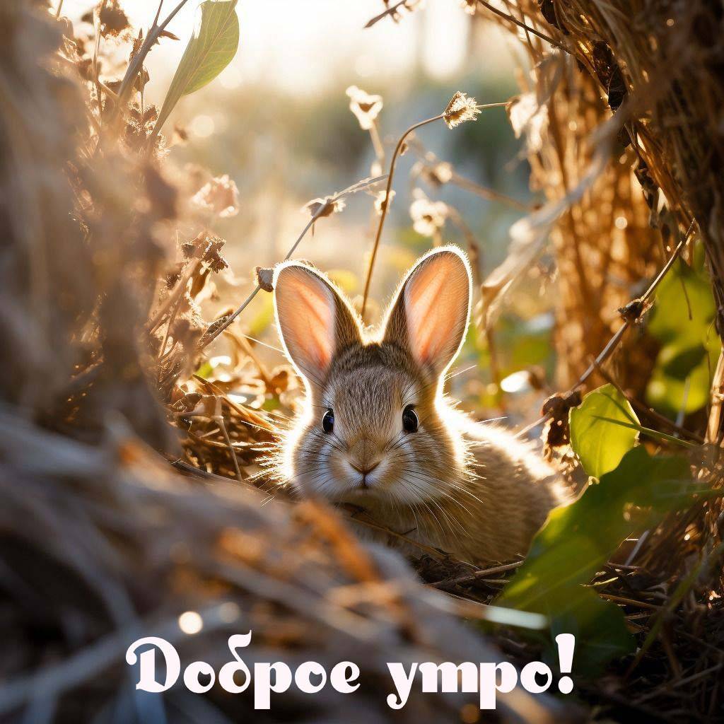 Утро, кролик выглядывает из травы. Доброе утро!