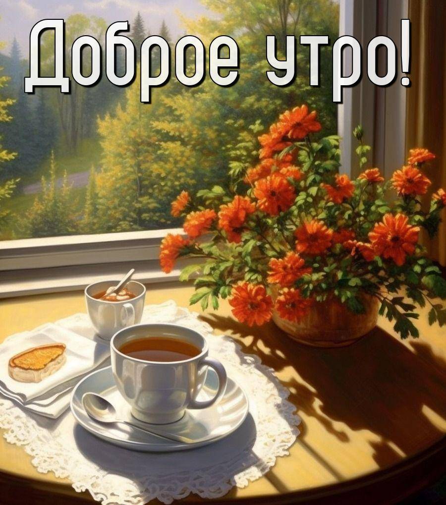 Утро, круглый стол у окна с чашкой чая и осенним лесом