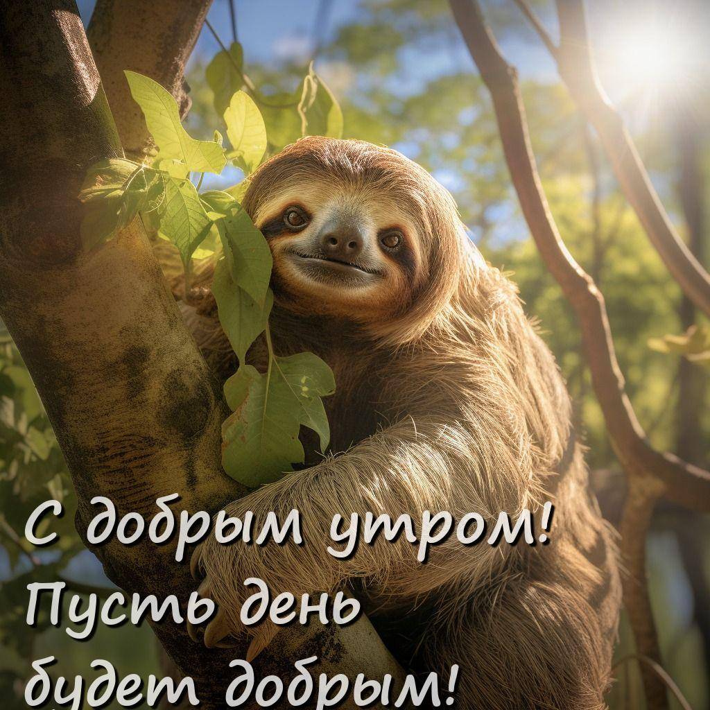 Утро, ленивец обнимает ветку, расслаблен и доволен