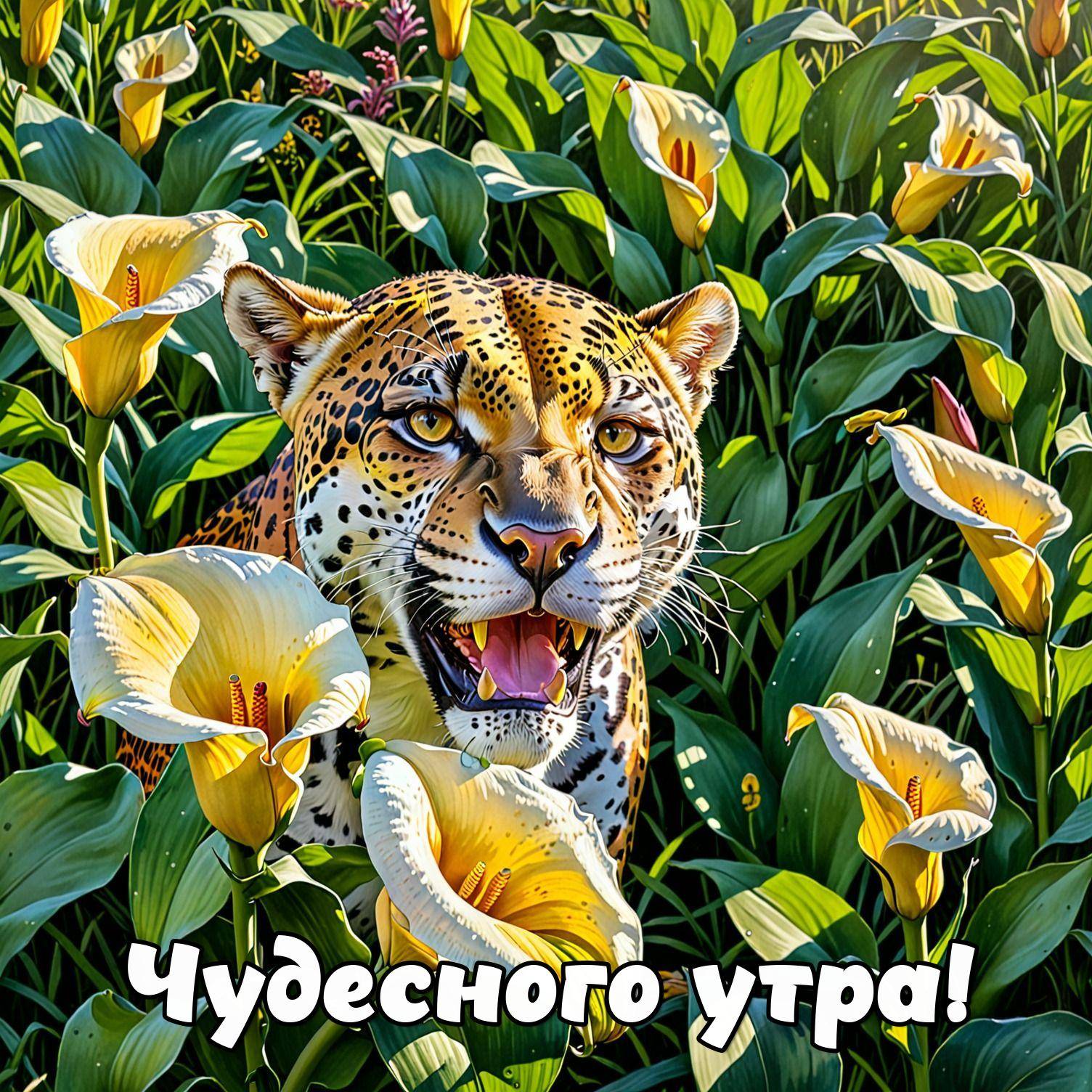 Утро, леопард среди белых калл и зелёной листвы