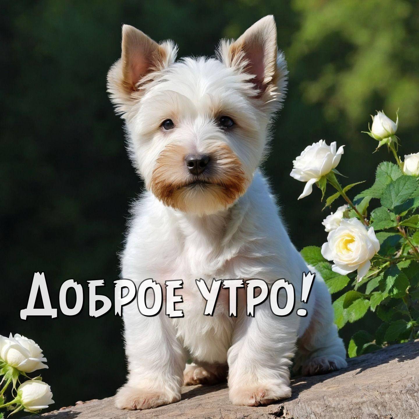 Утро, маленькая белая собака с розами