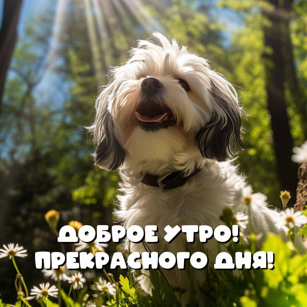 Утро, маленькая собака со светлой шерстью, черными ушами