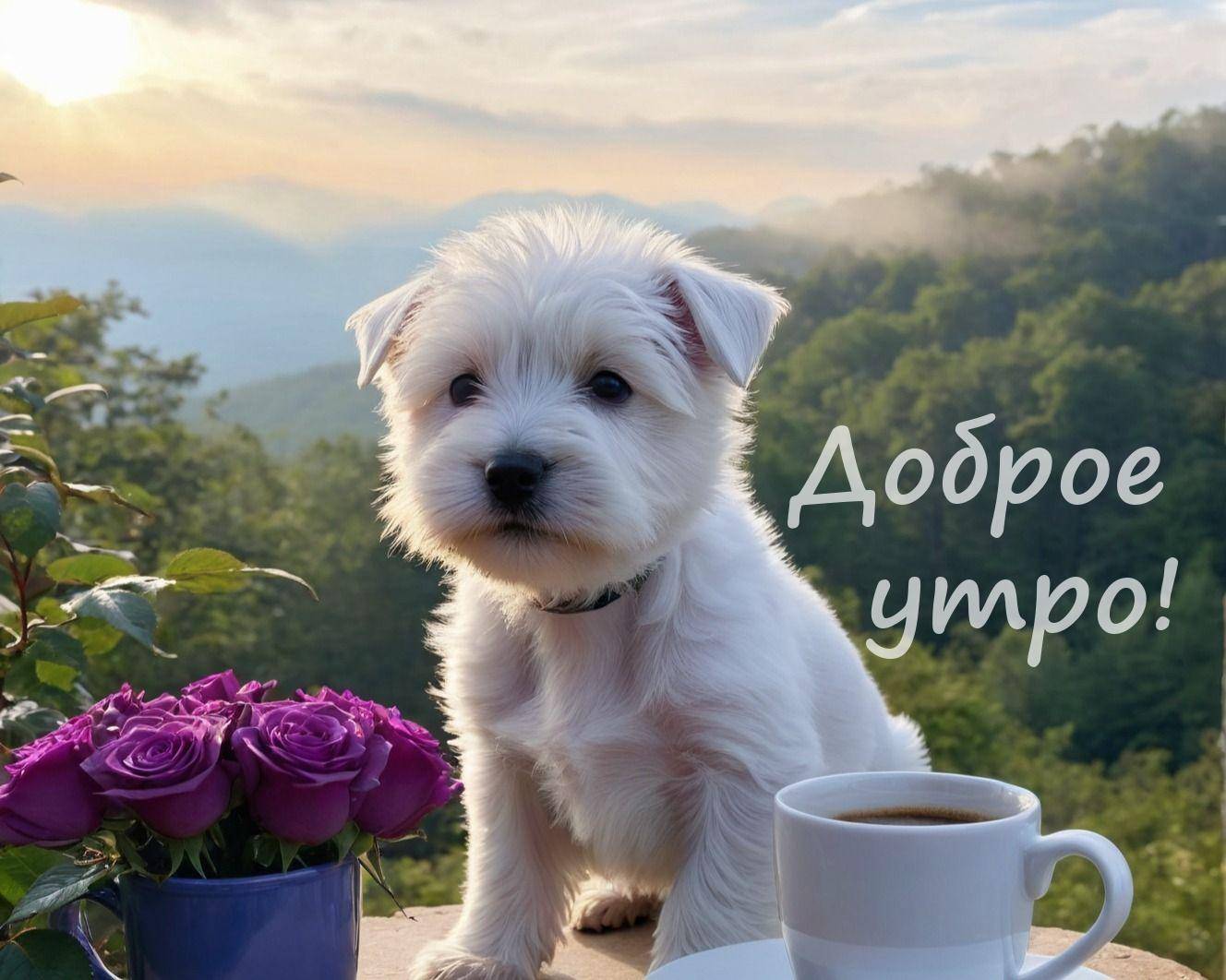 Утро, маленький белый щенок и фиолетовые розы в синей кружке