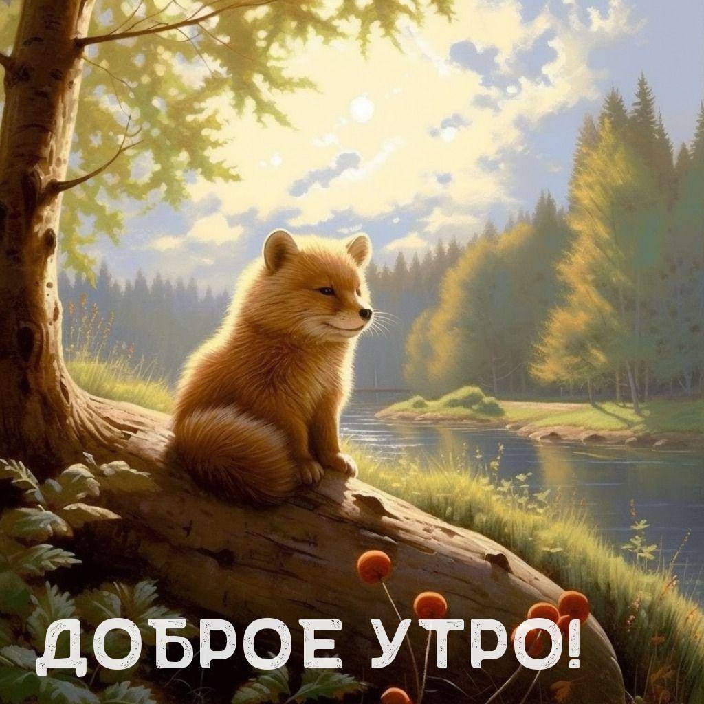Утро, маленький рыжий лисенок на стволе дерева