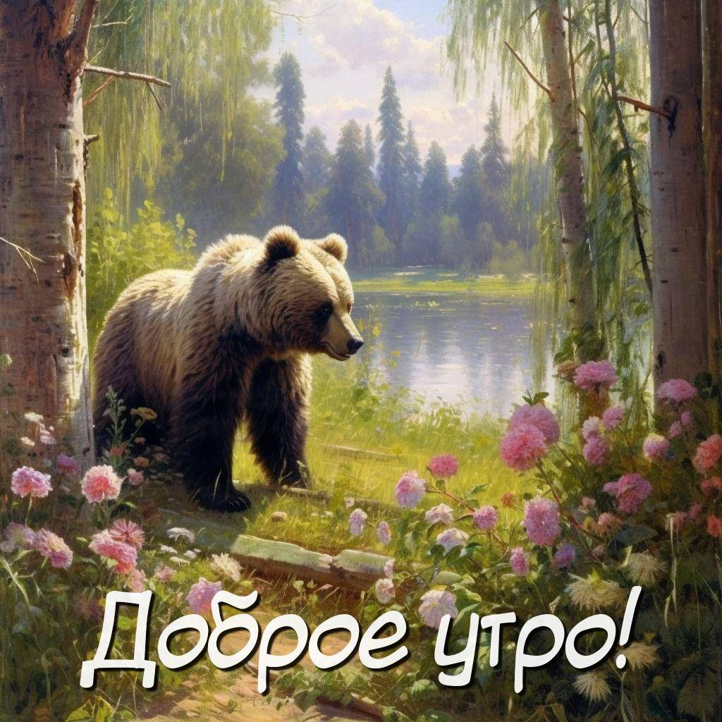 Утро, медведь на поляне у реки с цветами и деревьями
