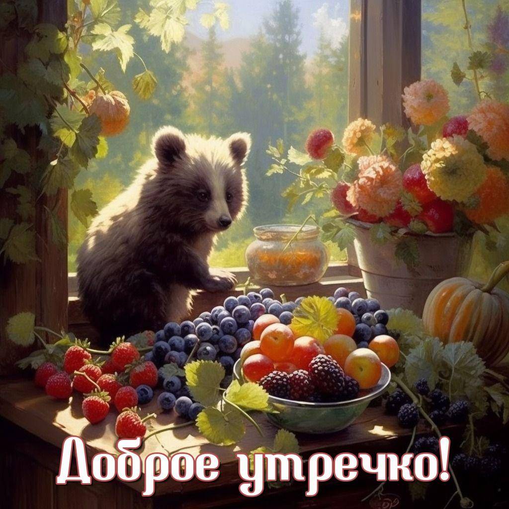 Утро, медвежонок на подоконнике с фруктами