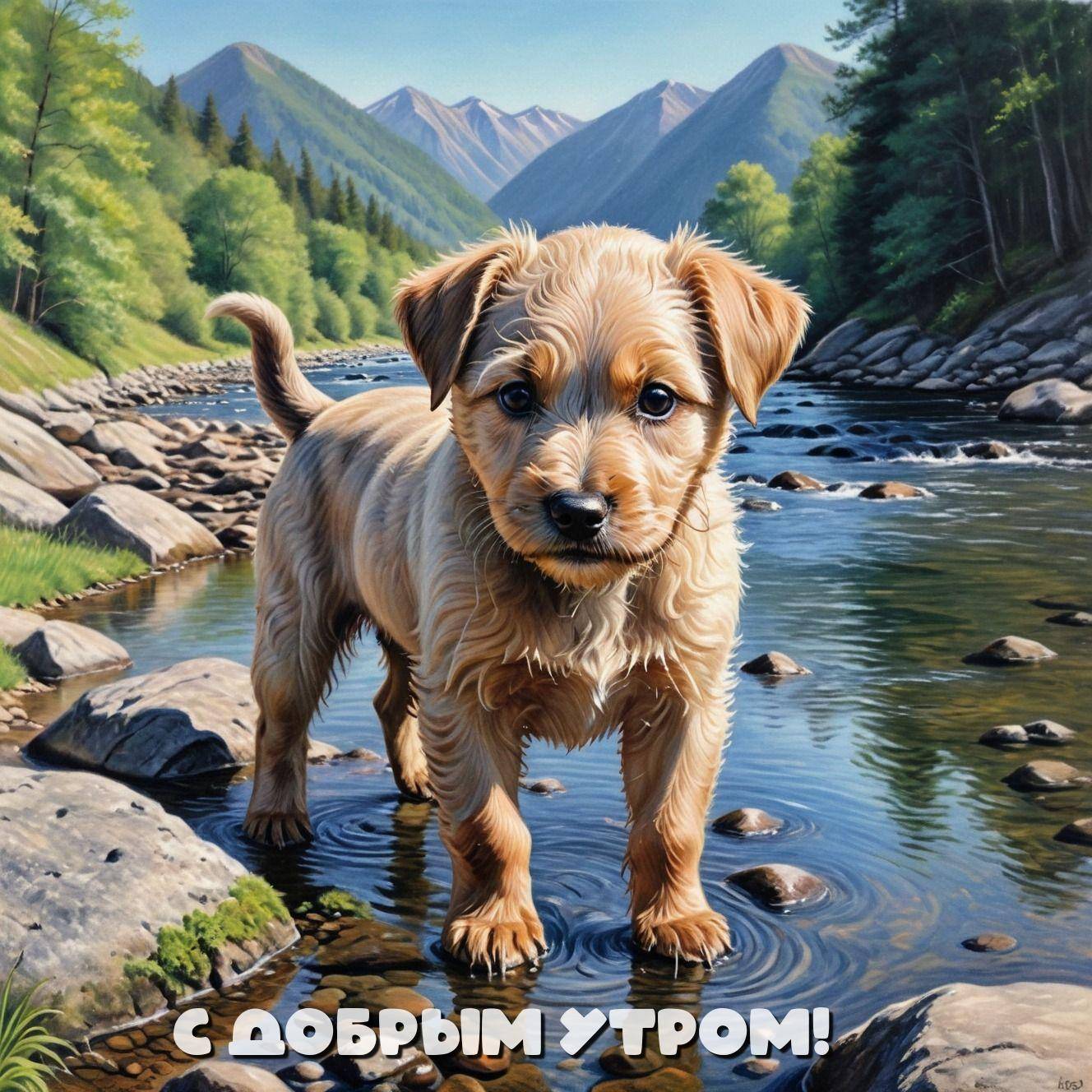 Утро, милый рыжий щенок в горном ручье