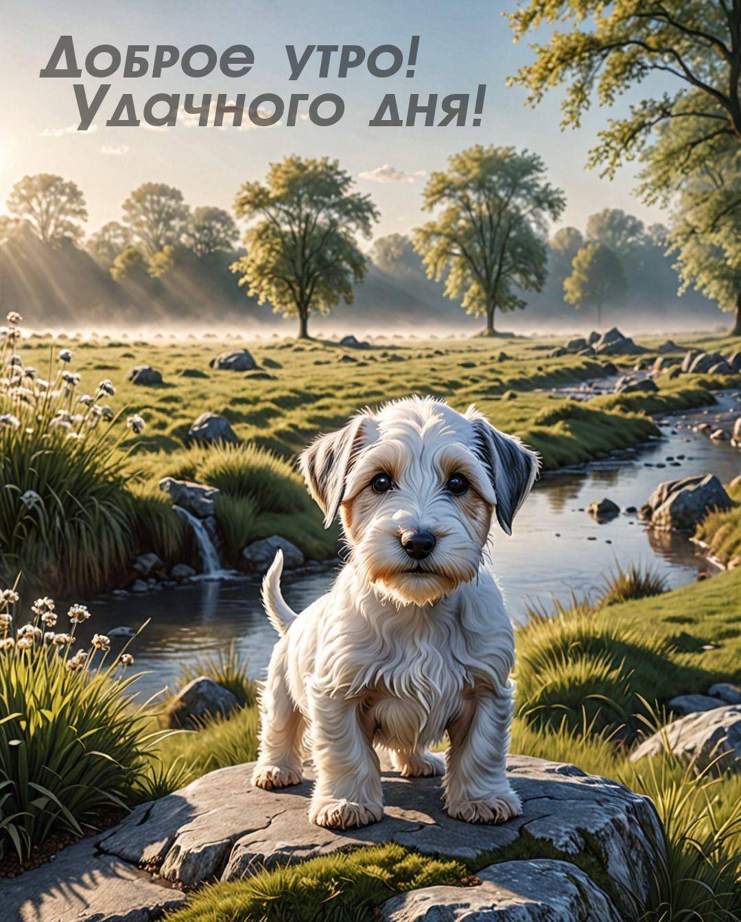 Утро, милый щенок на камне в пейзаже с лугом и ручьем