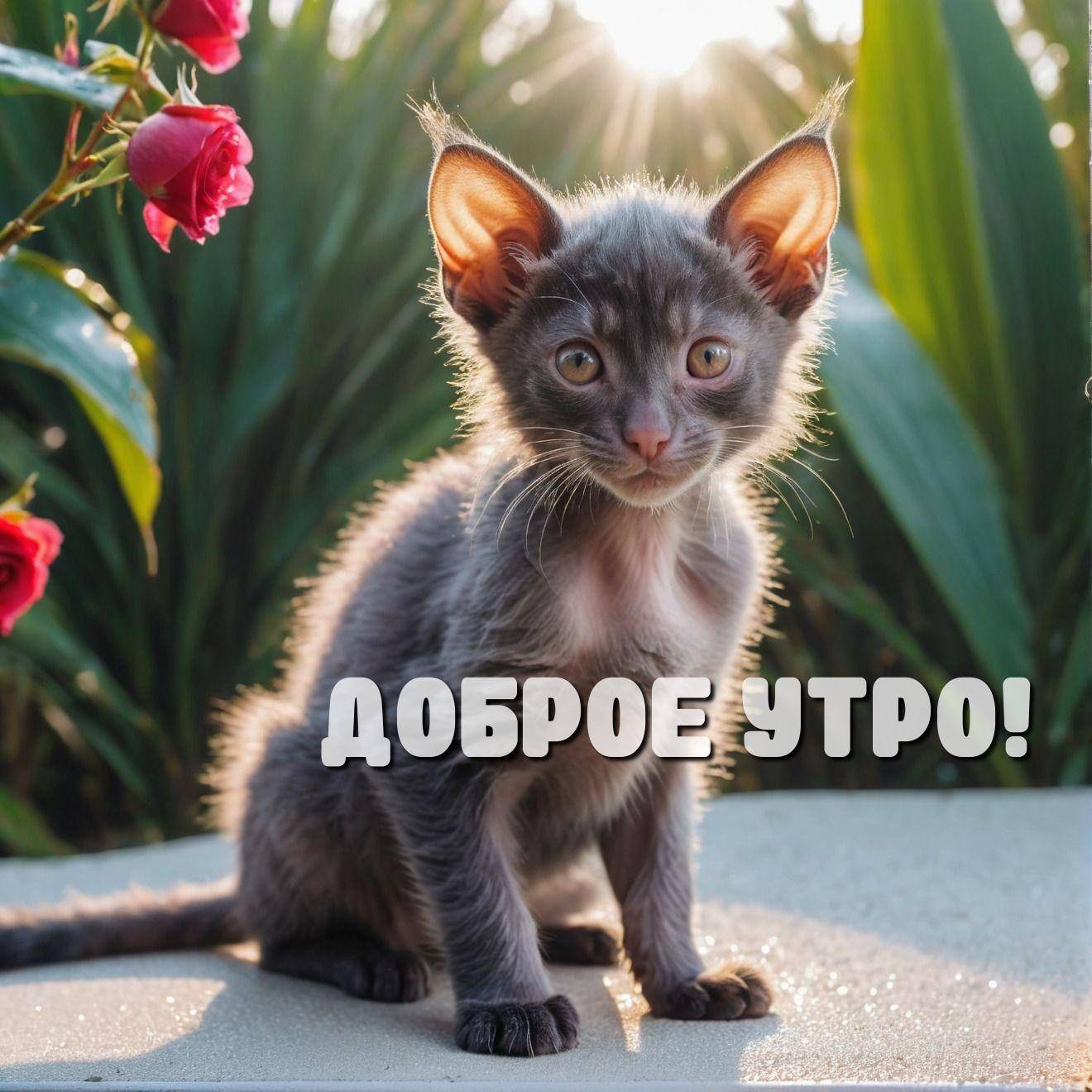 Утро, милый серый котёнок сидит на фоне зелени