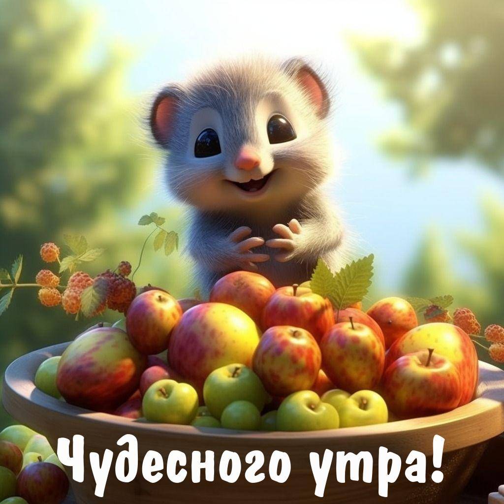 Утро, мультяшный зверёк рядом с миской фруктов