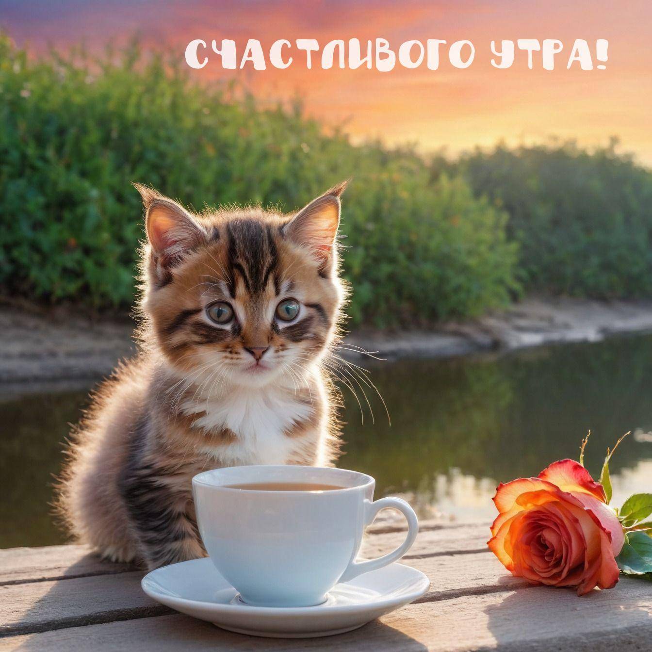 Утро, на изображении котенок возле чашки чая и розы.