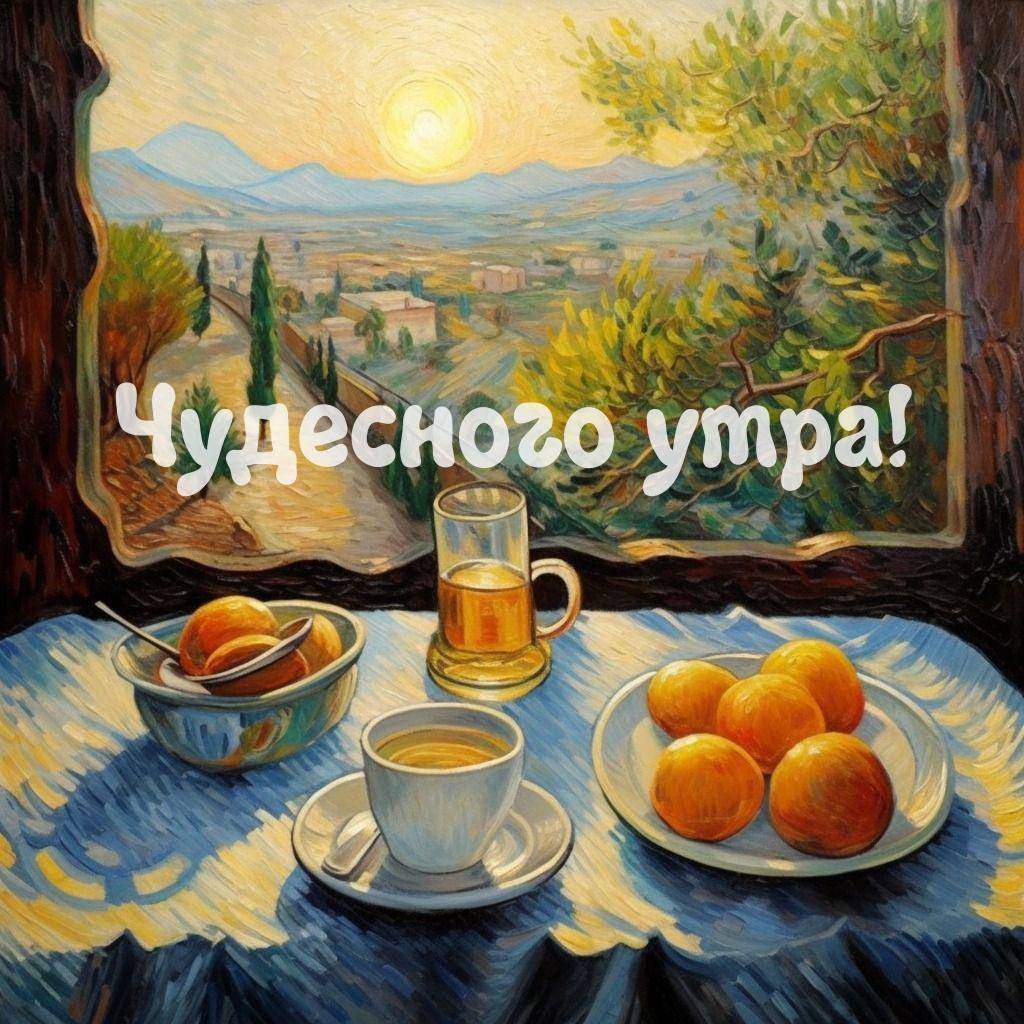 Утро, на столе с синей скатертью чашка, тарелка и чай