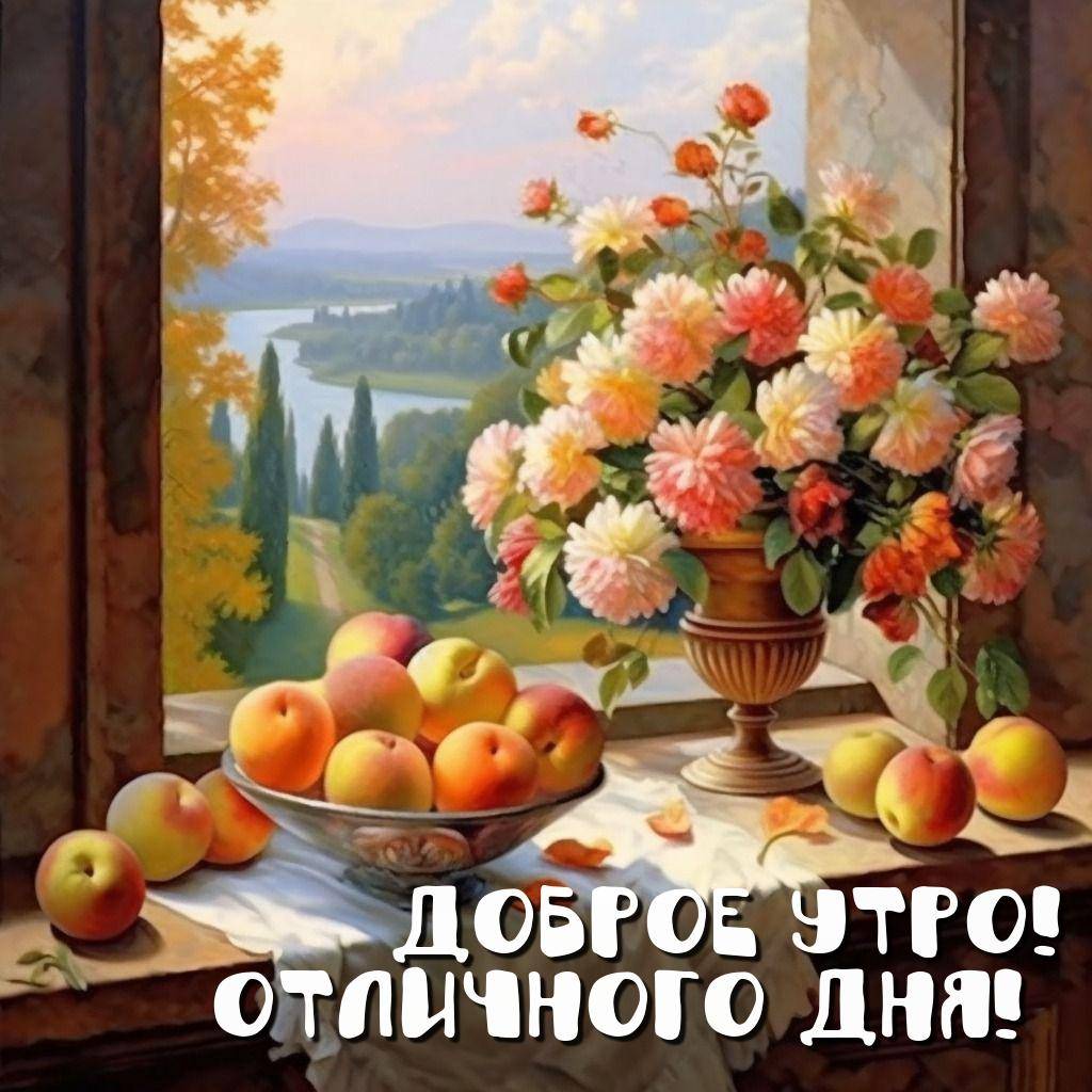Утро, натюрморт с букетом и яблоками на фоне пейзажа