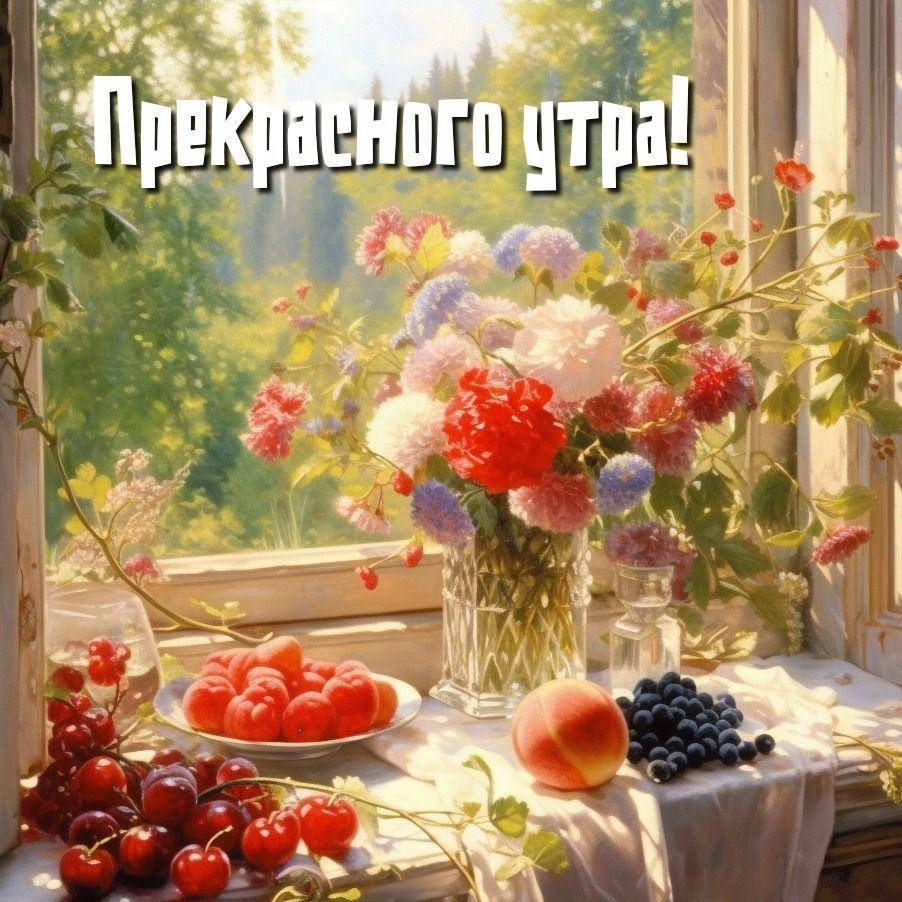 Утро, натюрморт с букетом цветов и фруктами на фоне окна