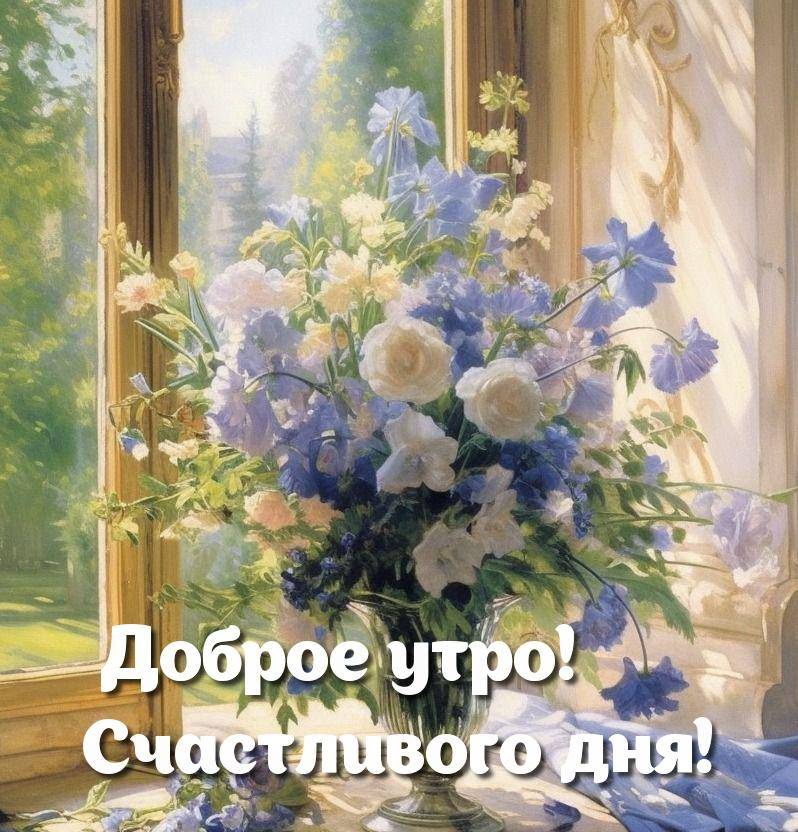 Утро, натюрморт с букетом цветов в вазе на подоконнике