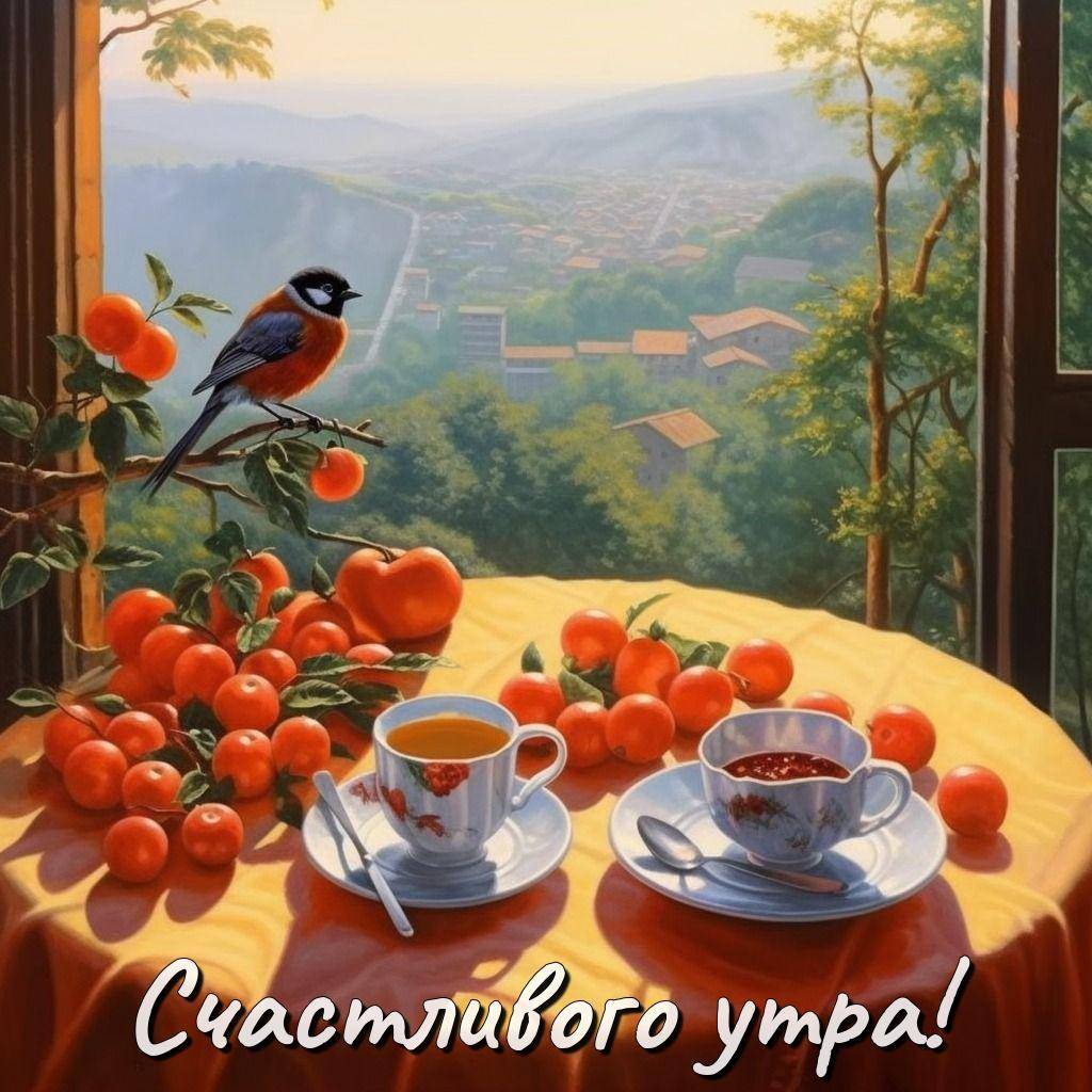 Утро, натюрморт с чашками и фруктами на столе