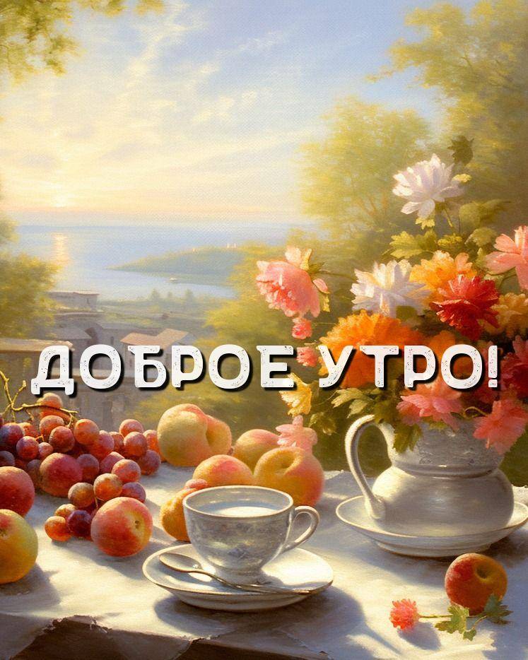 Утро, натюрморт с чашкой, фруктами и вазой с цветами