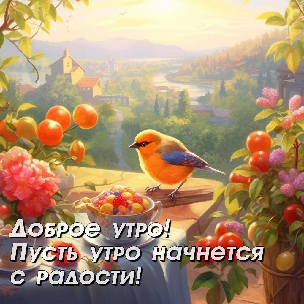 Утро, натюрморт с чашкой, ягодами, цветами и птичкой