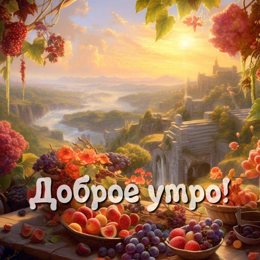Утро, натюрморт с фруктами и цветами на фоне заката