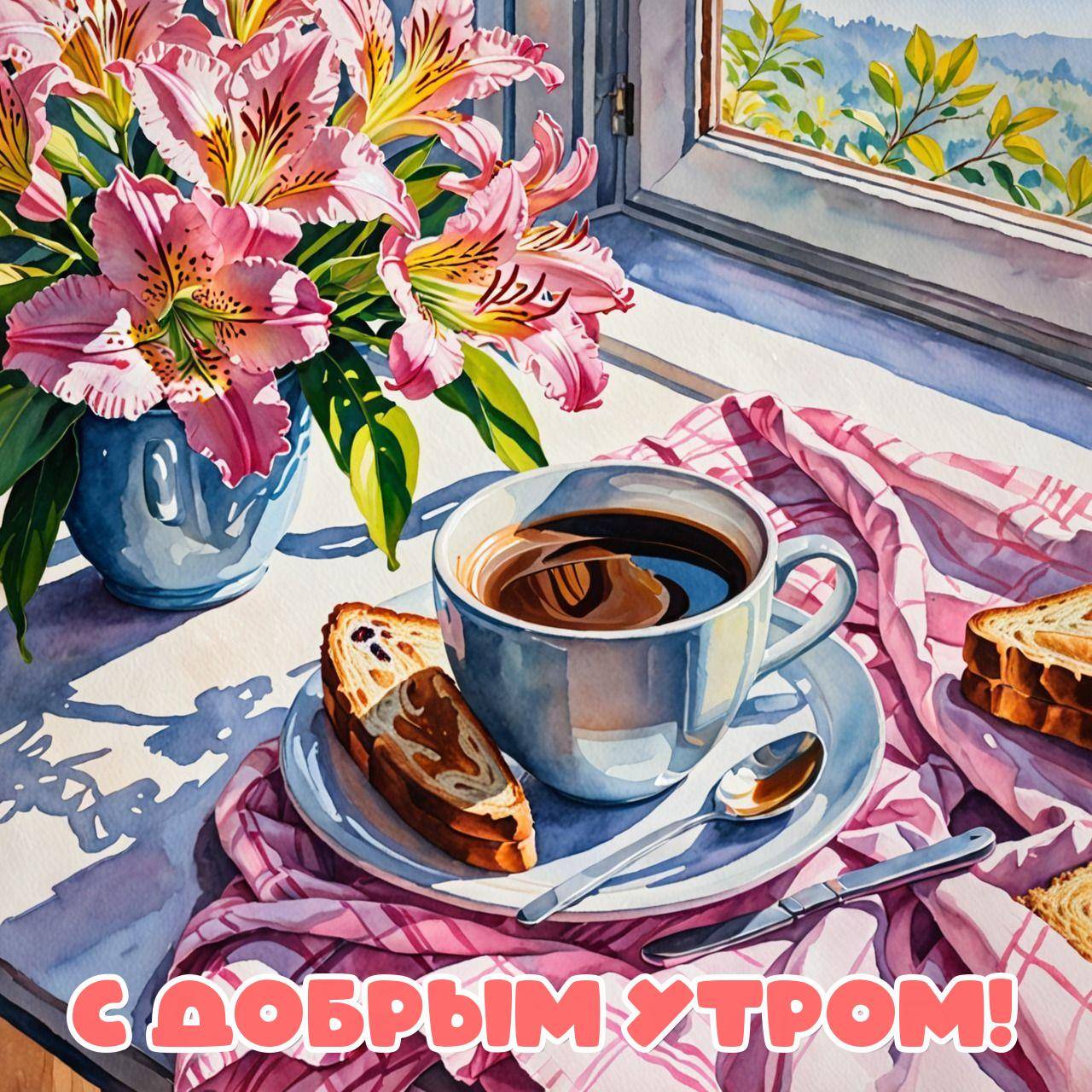 Утро, натюрморт с кофе, хлебом и цветами у окна