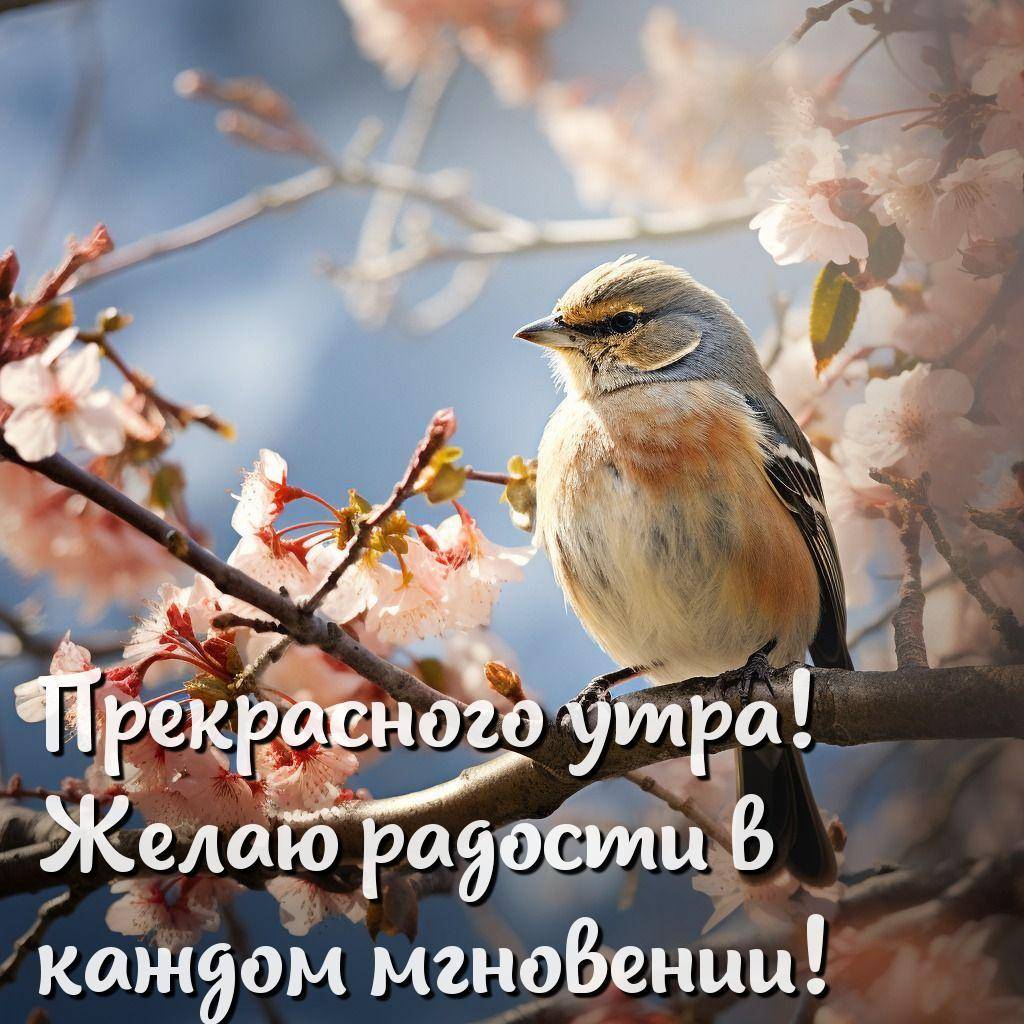 Утро, небольшая птичка на ветке сакуры