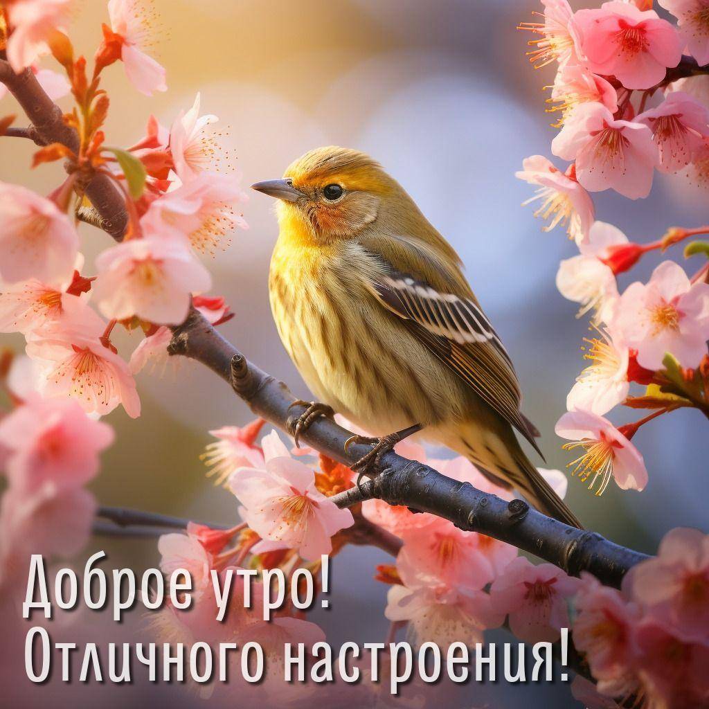 Утро, небольшая птица с жёлто-оранжевым оперением на ветке дерева