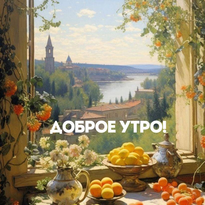 Утро, окно с цветами, фруктами и городским пейзажем на фоне