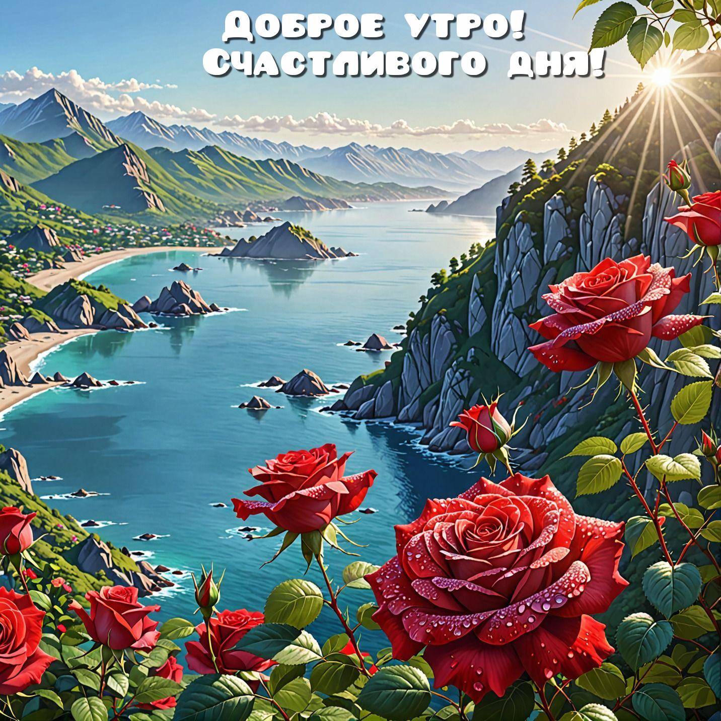 Утро, пейзаж с бухтой, горами и розами