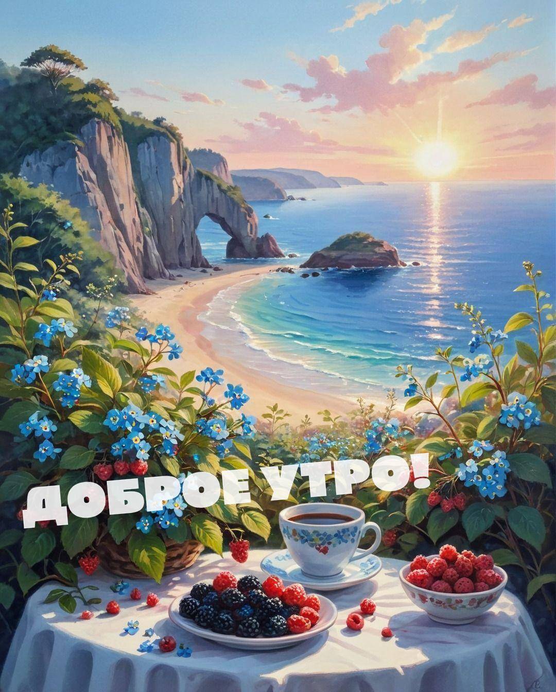 Утро, пейзаж с побережьем, стол с чаем и ягодами
