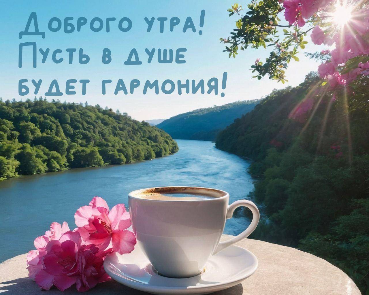 Утро, пейзаж с рекой и чашкой кофе на переднем плане