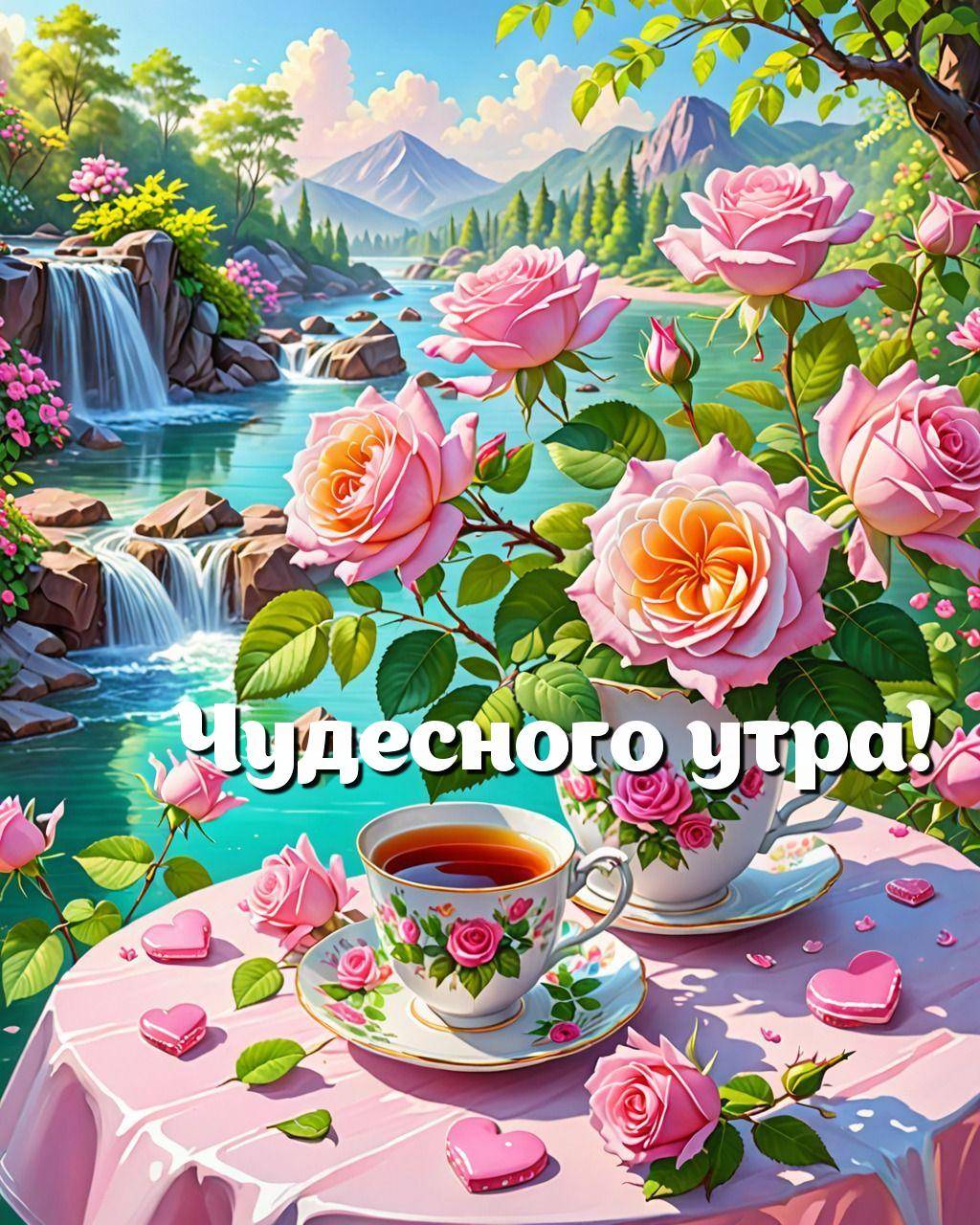 Утро, пейзаж с рекой, водопадом и столом с розами