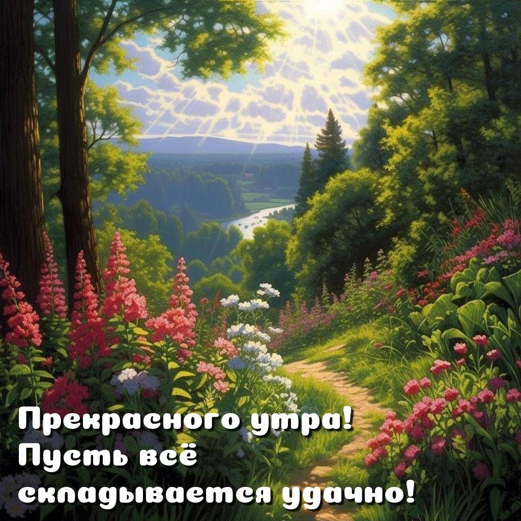 Утро, пейзаж с цветами и лесной тропинкой
