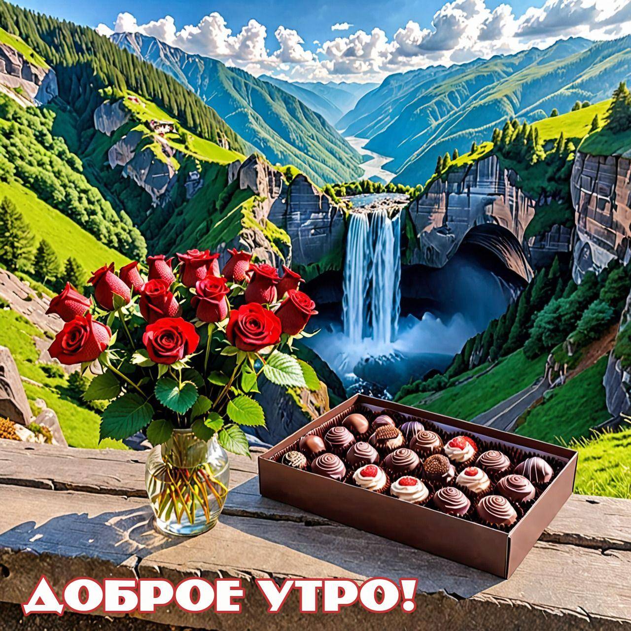 Утро, пейзаж с водопадом, розами и конфетами
