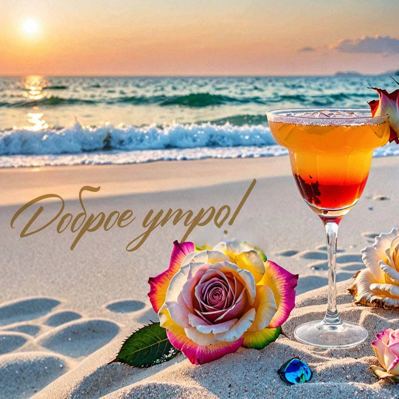 Утро, пляж с закатом, коктейль и цветы на песке