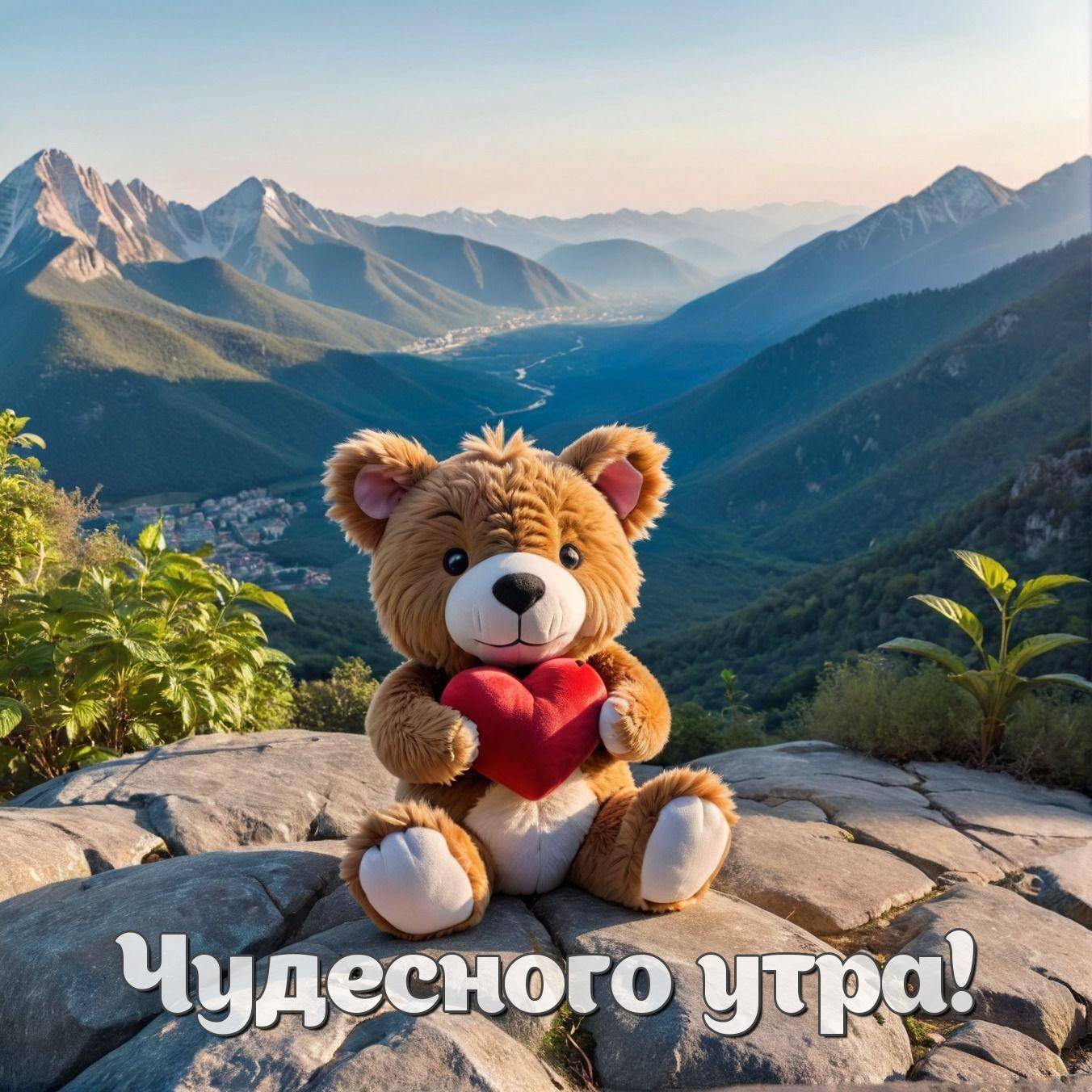 Утро, плюшевый медвежонок с красным сердцем на фоне гор