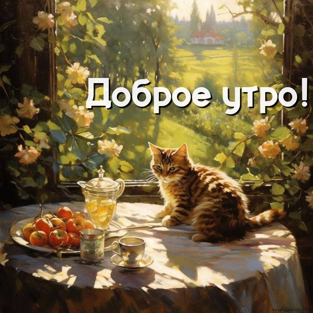 Утро, полосатый котёнок на столе у окна с растениями и видом на поле