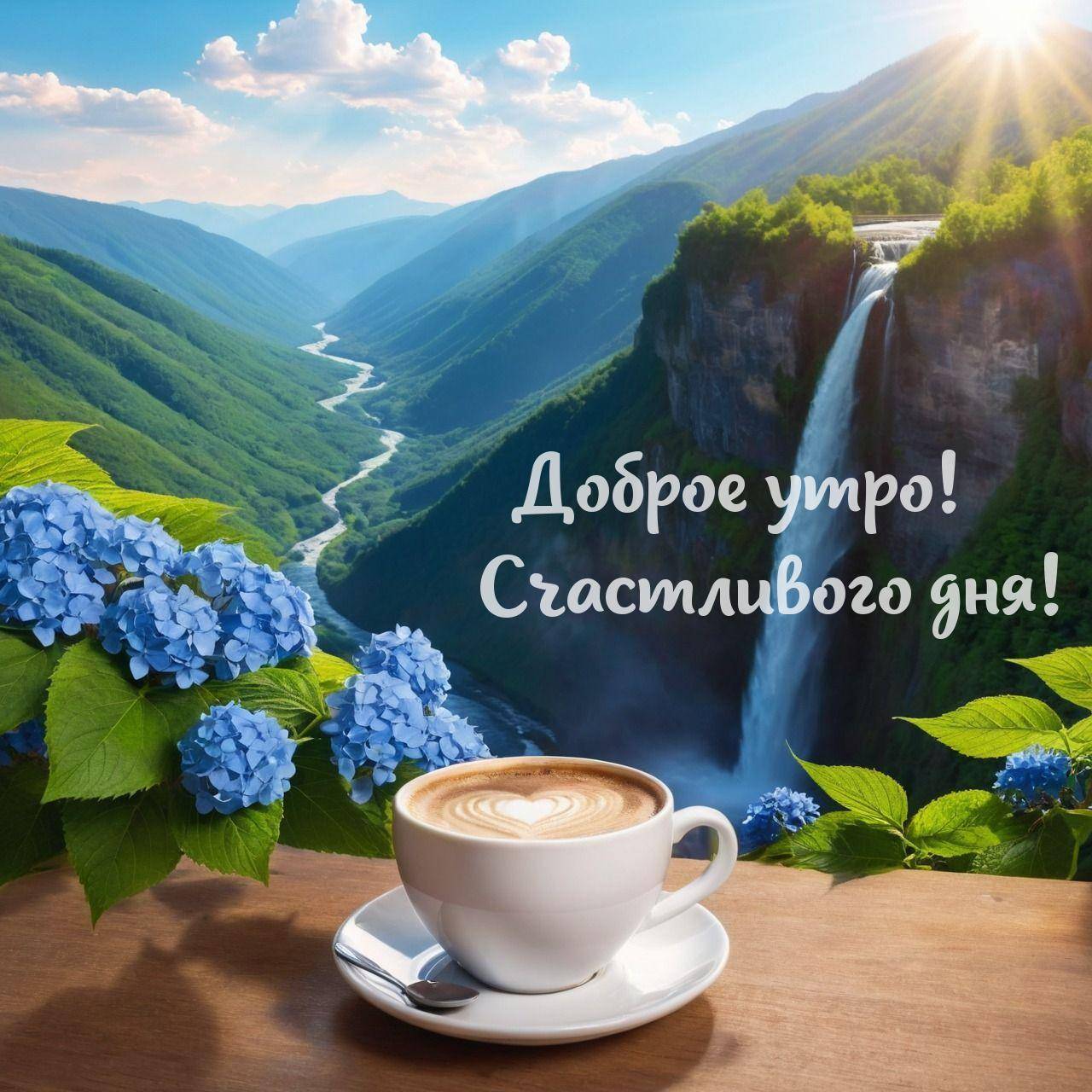 Утро, природа с холмами, рекой, водопадом и кофе