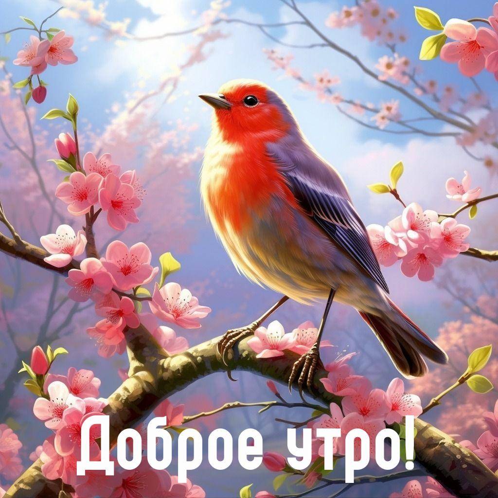 Утро, птица с оранжевой грудкой на ветке дерева