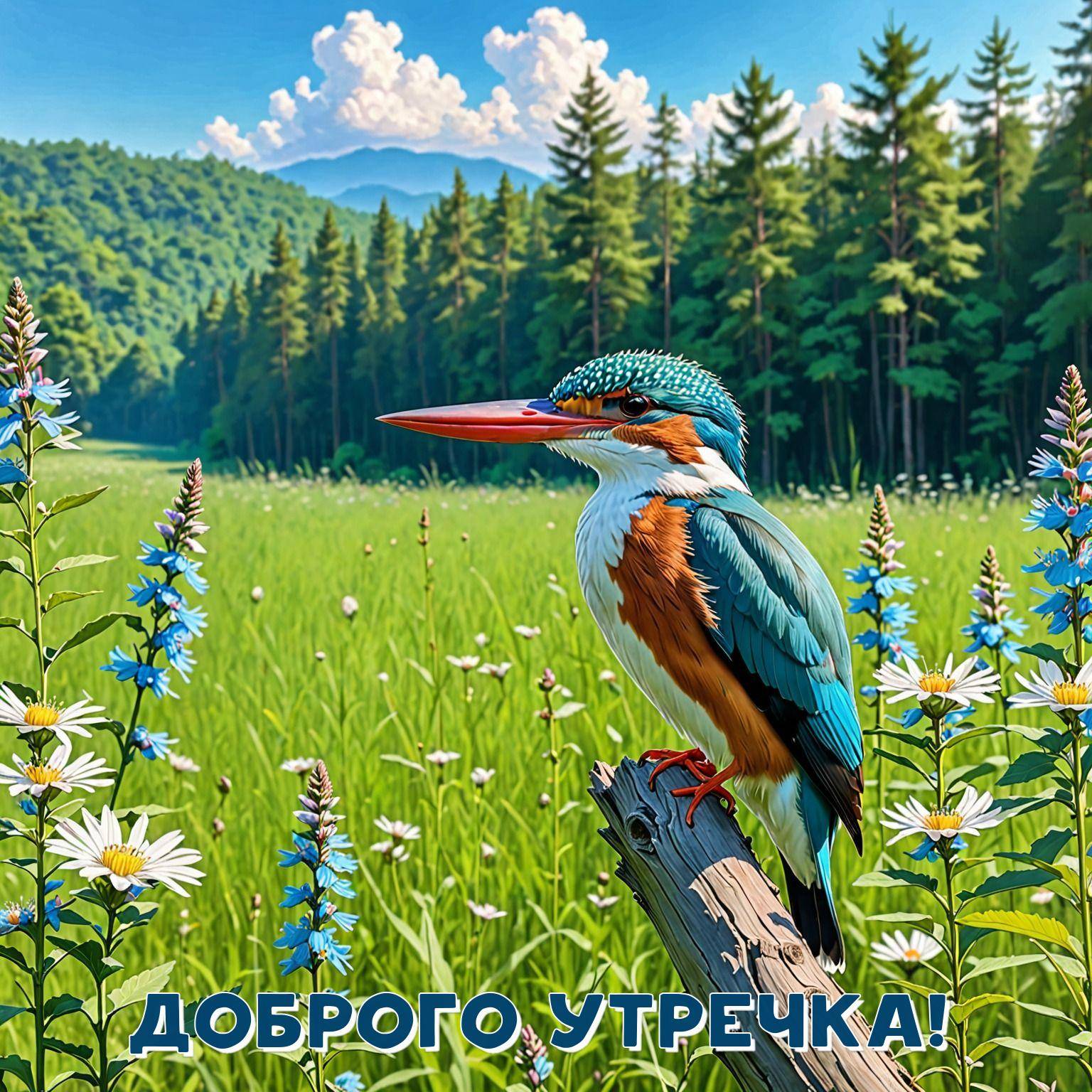 Утро, птица с ярким оперением на деревяшке